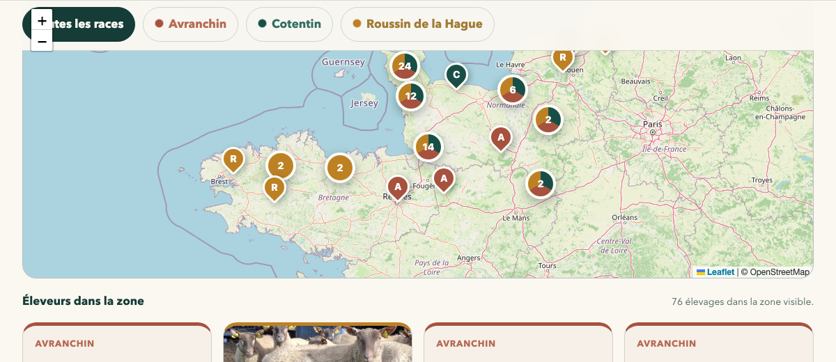 Aperçu de la carte des élevages OSCAR