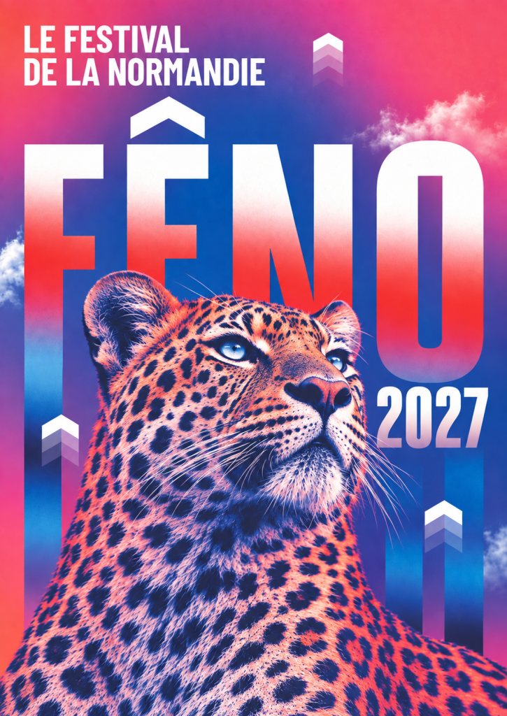 Visuel FÊNO 2027 avec un léopard sur fond rose, bleu et violet.