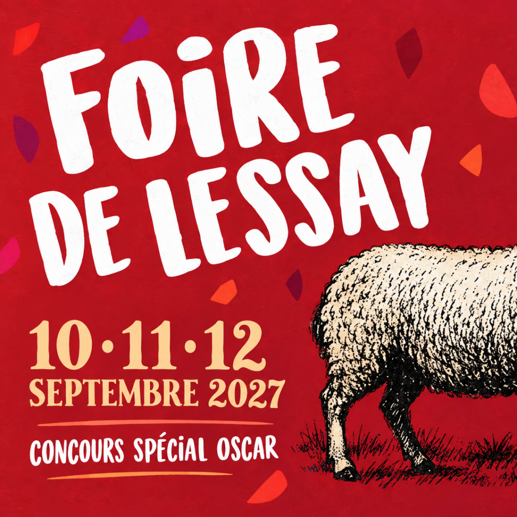 Affiche rouge de la Foire de Lessay des 10, 11 et 12 septembre 2027 avec un mouton illustré